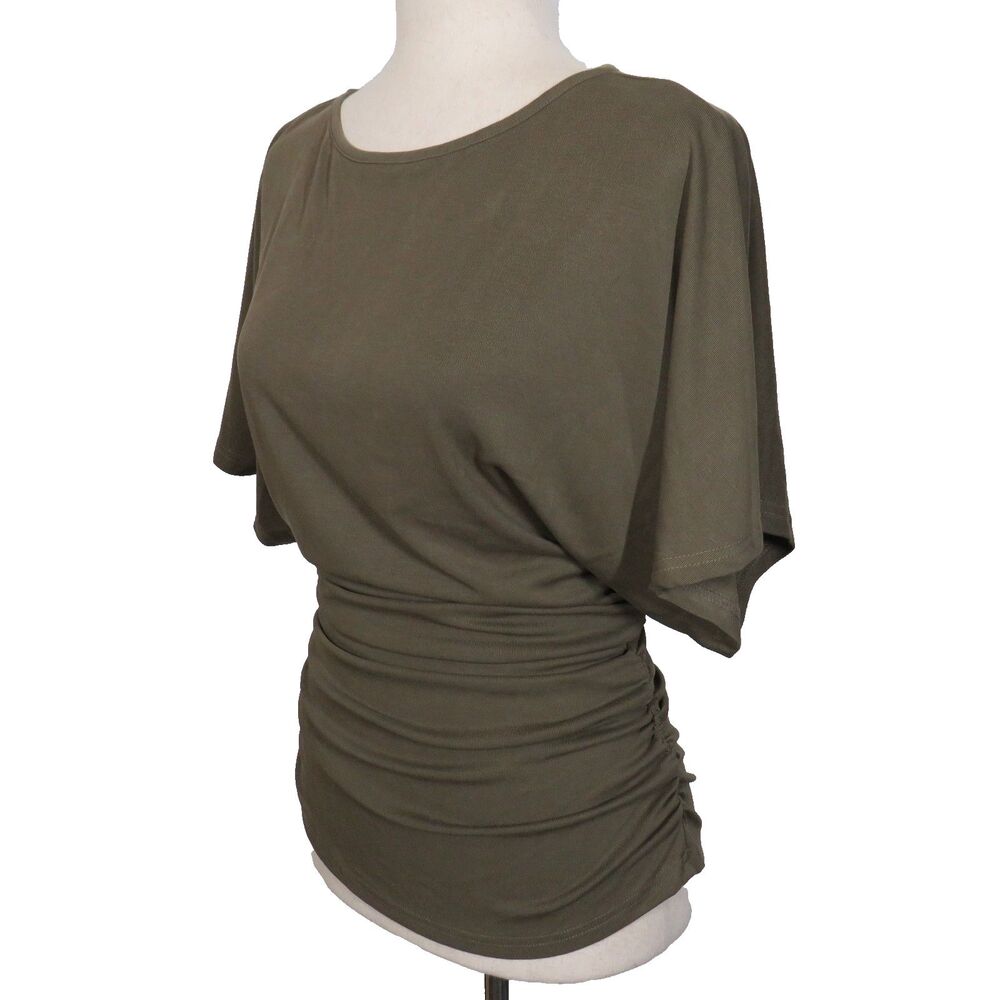 OGL Olive Sandwashed Boatneck Batwing Sleeve Side Ruched Top Size Medium